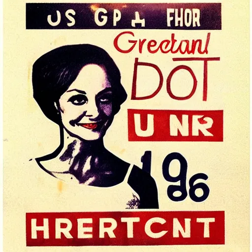 Prompt: heather graham presidential campaign poster, 1968, block print