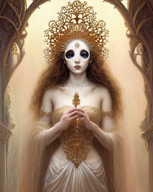 Image similar to beautiful ethereal maiden in a ivory masquerade mask intricate ornate fractal-lace and gemstones, wearing stunning ivory dress, ivory gold iridescent, full view, soft lighting, vivid, Hyperdetailed, 4k hd matte painting by Artgerm, Greg Rutkowski, Klimt, James Jean, 8k resolution, enchanting and otherworldly, Artstation, CGsociety, detailed, front view