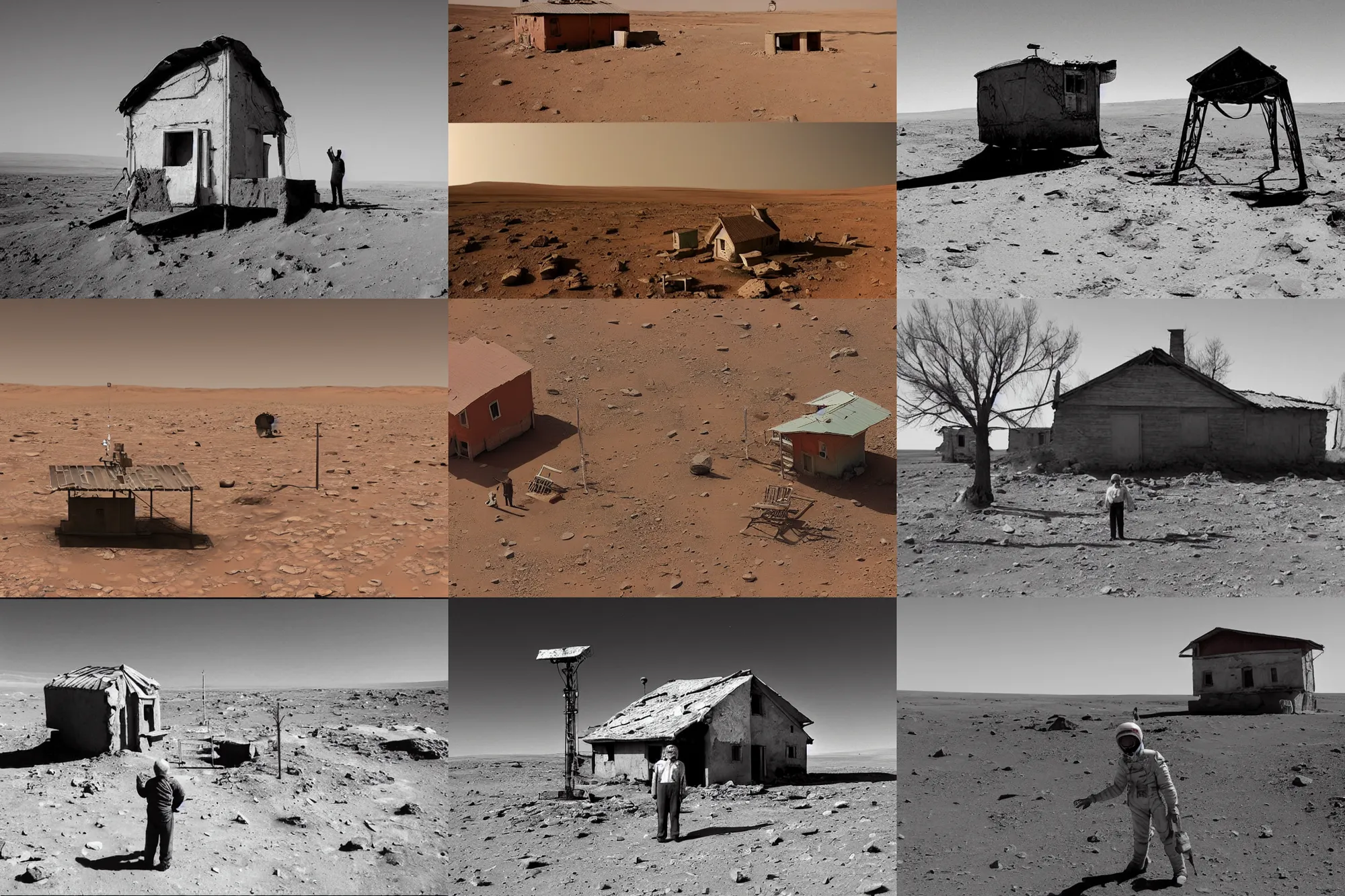 Prompt: an old rickety Soviet village house stands alone on Mars next to which a local resident stands and waves his hand