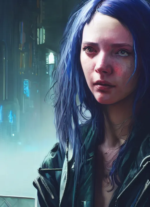 Prompt: portrait of Lauren Layfield as a homeless character in Cyberpunk 2077, looking at camera, intricate, dystopian, sci-fi, extremely detailed, digital painting, artstation, concept art, smooth, sharp focus, illustration, intimidating lighting, incredible art by artgerm and greg rutkowski and alphonse mucha and simon stalenhag