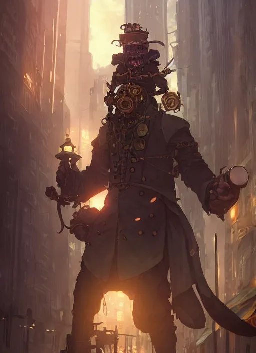 Prompt: a portrait of a steampunk orc in a city, key visual, ambient lighting, highly detailed, digital painting, artstation, concept art, sharp focus, by makoto shinkai and akihiko yoshida and hidari and wlop