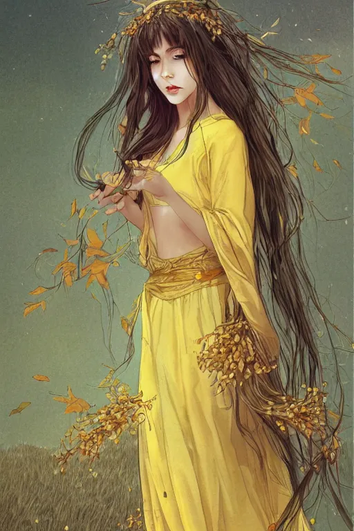 Prompt: The goddess of autumn harvest, tranquility, beautiful face, long hair, wearing wheat yellow gauze, comic style, by wlop