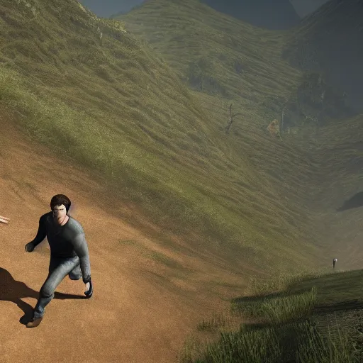 Image similar to Todd Howard attempting to run up that hill, to work on Starfield