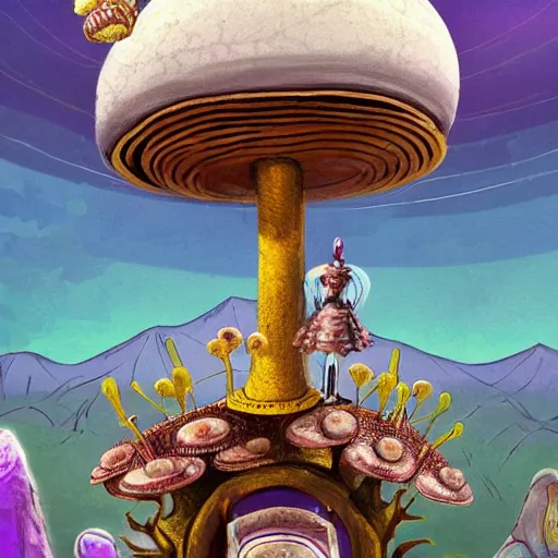 Image similar to On the morning of the robot queen's coronation, The Mekanik Doll, an elderly mushroom walking their pet snail, Mount Fuji seen from the International Space Station, the theme of Alice in Wonderland, digital painting, its softness partakes of fluidity, illustration, deep dark, artstation, intricate, beautiful and thematically complex, ue5, by deiv calviz and bossmonsterbani