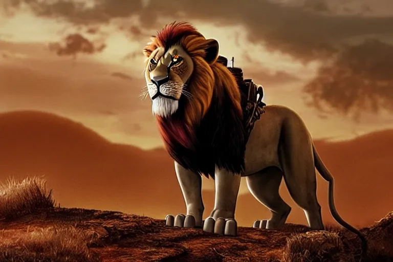 Image similar to scar ( from the lion king ), heavily armed and armored facing down armageddon in a dark and gritty version from the makers of mad max : fury road : witness me