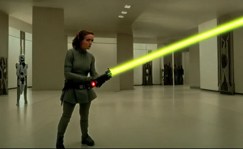 Image similar to screenshot portrait Leia training to use a yellow lightsaber at a new Jedi Temple scene from The Force Awkakens, 1970s film by Stanley Kubrick, serene, iconic scene, stunning cinematography, hyper detailed, sharp, anamorphic lenses, kodak color film, 4k