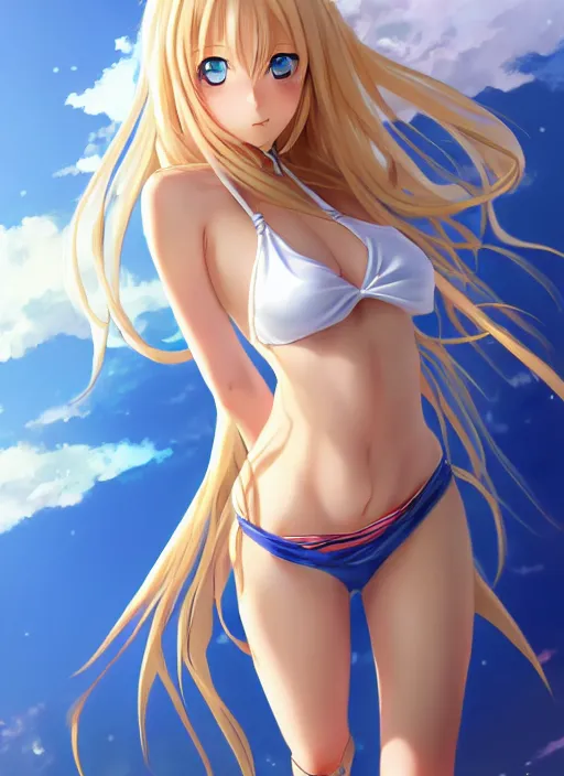 Prompt: a very beautiful young anime giantess from below, full body, long wavy blond hair, sky blue eyes, full round face, evil grin, bikini, miniskirt, front view, mid - shot, highly detailed, cinematic wallpaper by stanley artgerm lau