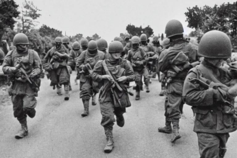 Image similar to baby soldiers storming normandy, old world war 2 photo, film grain
