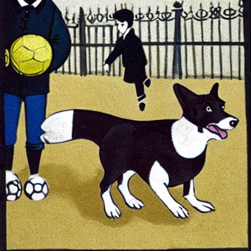 Image similar to book illustration of a french boy on the streets of paris playing football against a corgi, the dog is wearing a polka dot scarf, 1 9 6 6