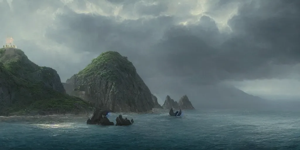 Image similar to epic matte painting of an island, cinematic cinematography masterpiece, greg rutkowski, and ivan aivazovski, roger deakins