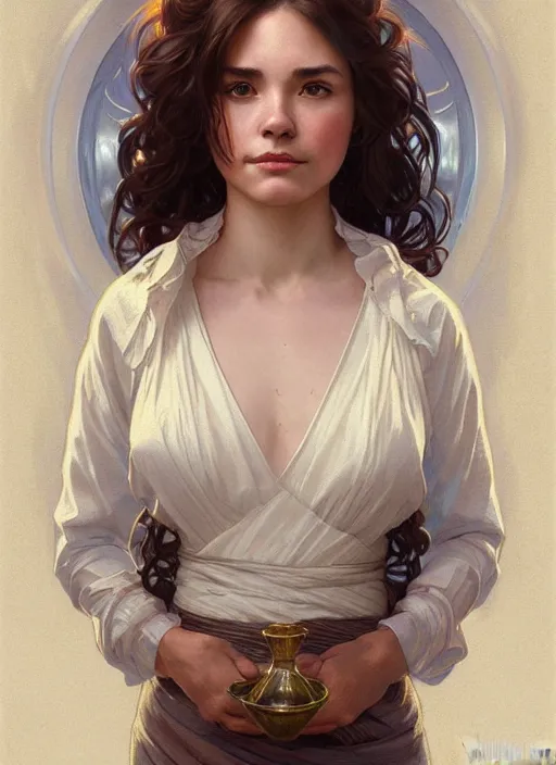 Prompt: full body portrait of a woman with short wavy hair, round face, cottagecore!!, small cup size lake water, intricate, enlightenment, highly detailed, digital painting, artstation, concept art, smooth, sharp focus, illustration, art by artgerm and greg rutkowski and alphonse mucha
