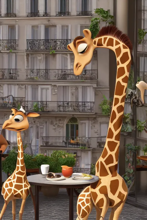 Prompt: a giraffe with big eyes looking for a cup of coffee in beautiful morning café in Paris. Pixar Disney 4K 3d render funny animation movie Oscar winning trending on ArtStation and Behance. Ratatouille style.