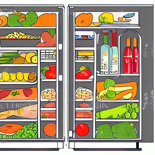 Image similar to cross - section illustration of a refrigerator interior stuffed with leftovers, highly detailed