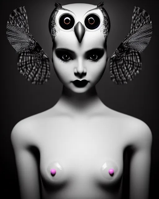 Prompt: surreal mythical dreamy dark artistic black and white fine art 3 / 4 fashion portrait photo of a young beautiful delicate female robot - witch - owl with orchid - doll face, rim light, cinematic, studio dramatic light, poetic, masterpiece, octane render, 8 k, photo