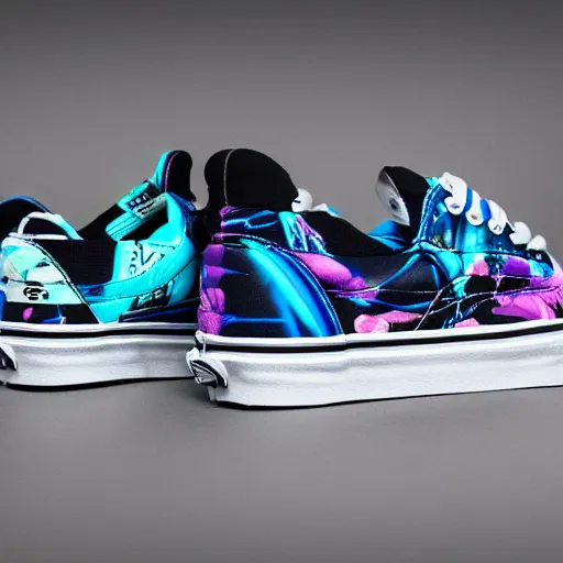 Image similar to vans shoes inspired by vaporwave, advertising photography