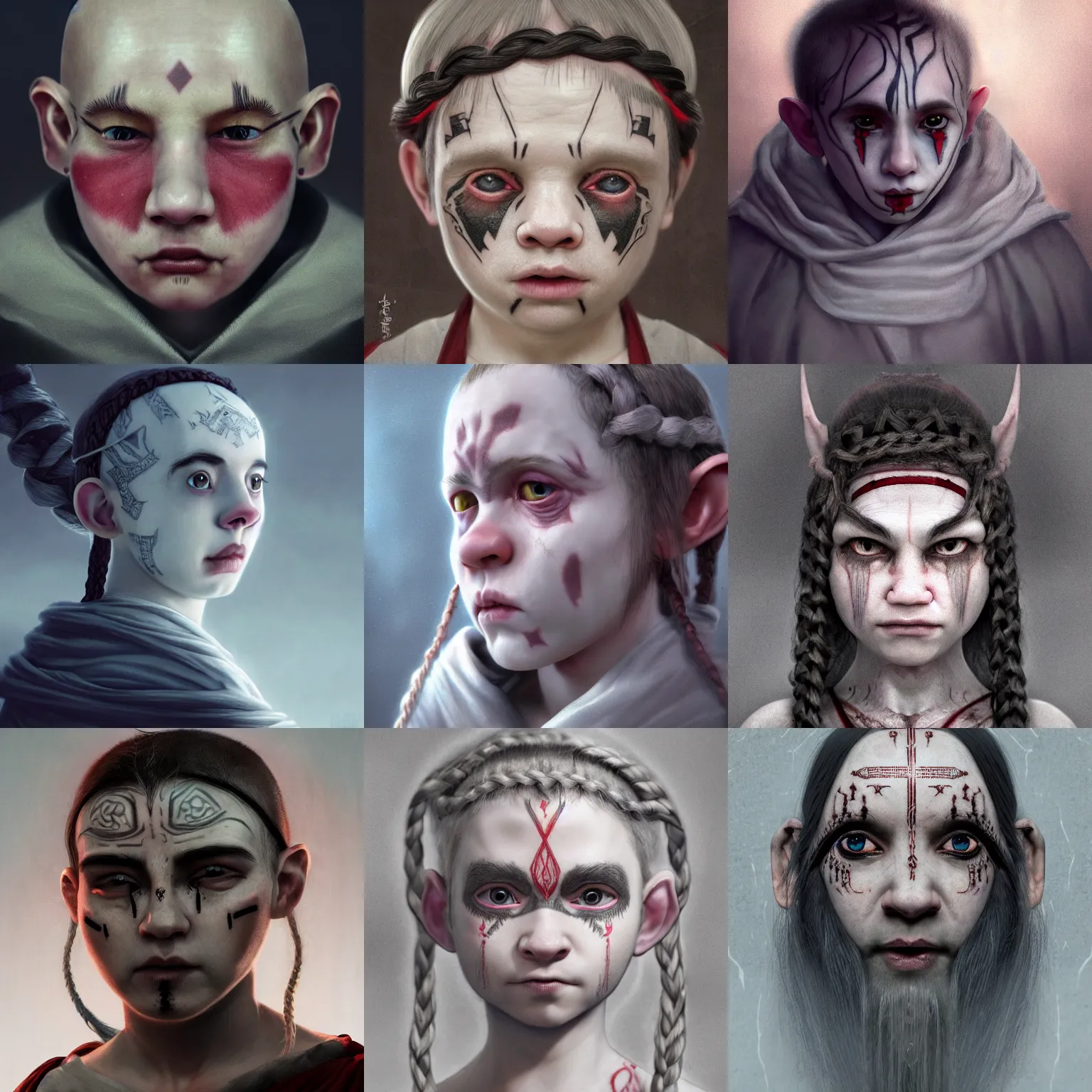 Prompt: a halfling with strange geometric facial tattoos, pale white skin and hair, pinky red eyes, wearing a grey monk robe and their long hair has black ribbons braided into it, tired and haunted but resigned, trending on artstation, dark gloomy cave background, low angle oil painting and composition laws, cinematic lighting, hyperdetailed, cgsociety, 8 k