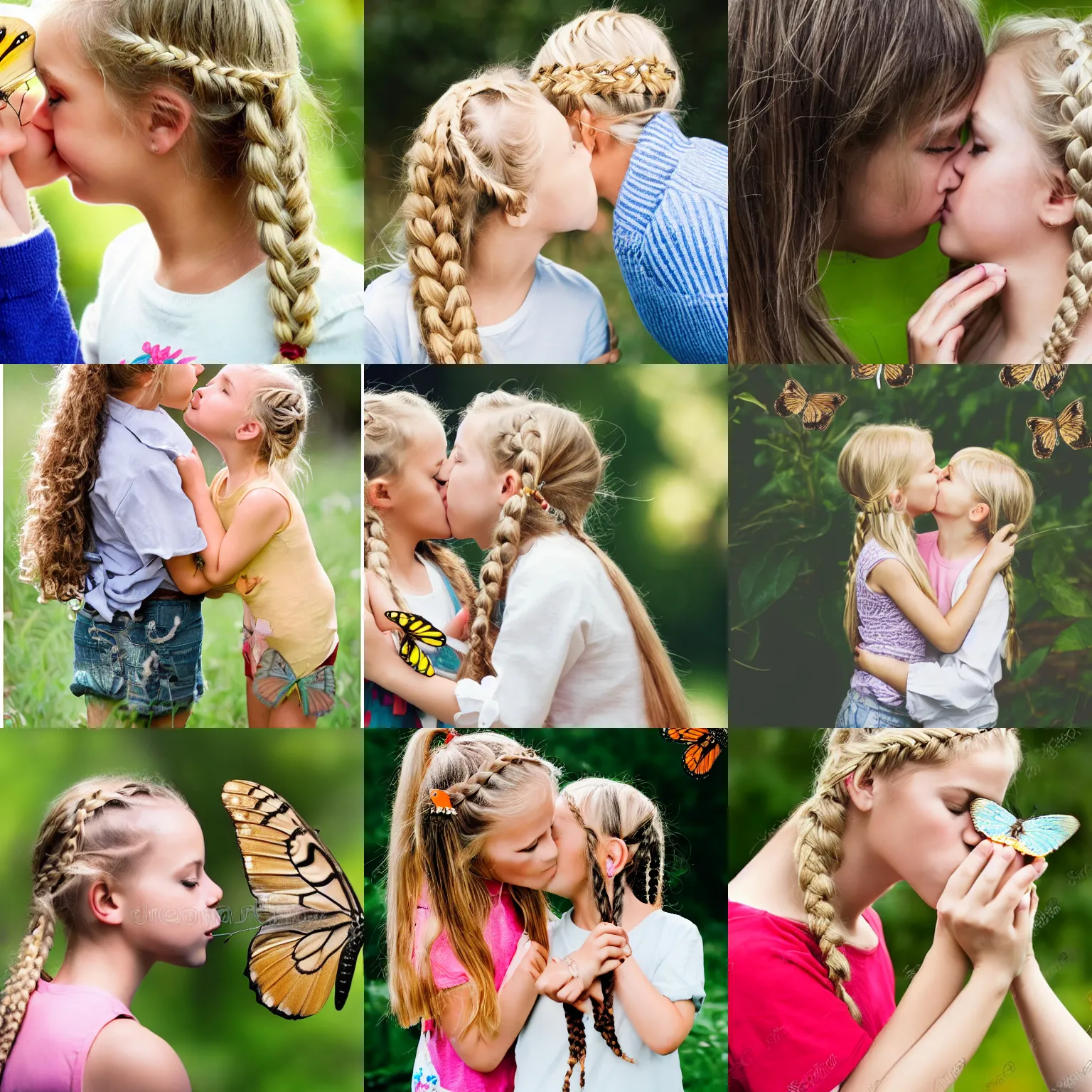 Prompt: cute blond girl with braids kissing a butterfly , professional photograph