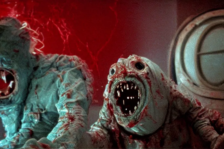 Prompt: filmic wide shot angle movie still 35mm film color photograph of a shape shifting horrific nightmarish abstract organism from The Thing 1982 attacking a mutilated deceased doctor who is completely drenched in blood in the style of a horror film