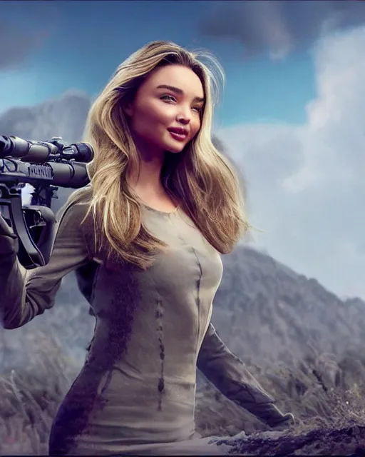 Image similar to miranda kerr with long blonde hair versus long barreled 9 0 sniper rifle : : weta disney pixar movie fullbody still photo : : hi - fructose, sci fi decadent highly - detailed digital painting, golden ratio, octane render, artstation, smooth, sharp focus, artgerm, mucha, loish, wlop : :