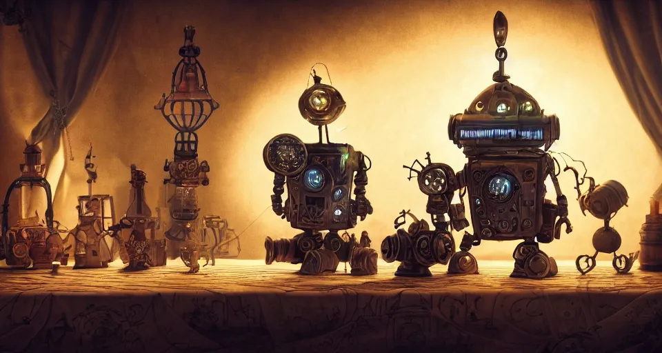 Image similar to a beautiful tapestry, a small robot playing 3 d chess, ultra detailed, atmospheric lighting, steampunk, moody, candles, characters from machinarium, by don bluth, trending on artstation, octane render, 8 k, ultra realistic