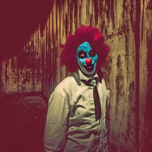Image similar to POrtrait of a Clown Vampire in a desolate abandoned post-apocalyptic industrial city at night, moody blue lighting