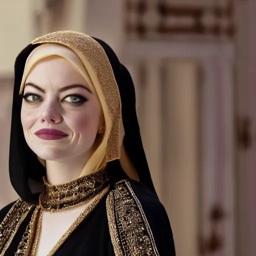 Image similar to A portrait of Emma Stone wearing a Black Arabian abaya , high quality, fully detailed, 4k