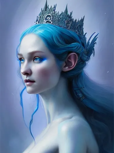 Image similar to the elven queen with blue skin by james jean, charlie bowater, tom bagshaw, nikolay makovsky : : enchanting, ethereal, magical, portrait, character design, illustration, hyperrealism, photorealism, digital art, concept art, fantasy, whimsy, weta, wlop, artstation