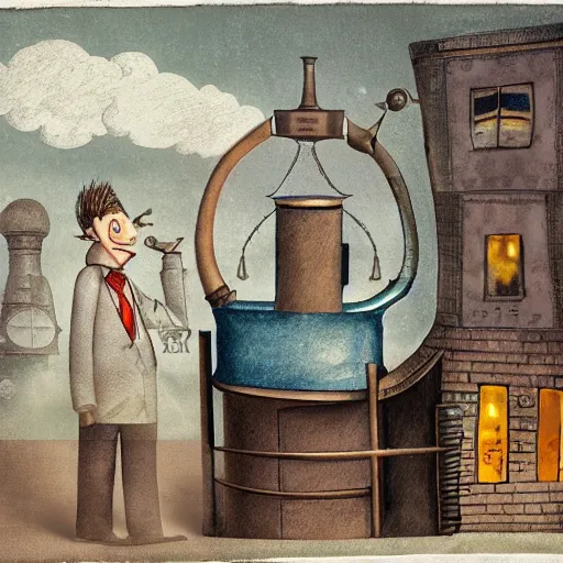 Prompt: A mad researcher with a steam engine in the shape of a giant kettle in the style of Shaun Tan