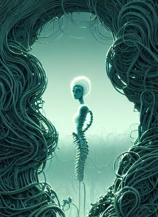 Image similar to highly detailed portrait of a biopunk long curly white hair tribal lady, stray wiring by atey ghailan, james gilleard, by joe fenton, by greg rutkowski, by greg tocchini, by kaethe butcher, 4 k resolution, gradient green, black and white color scheme!!! ( ( irradiated robotic leafy tornado landscape background ) )