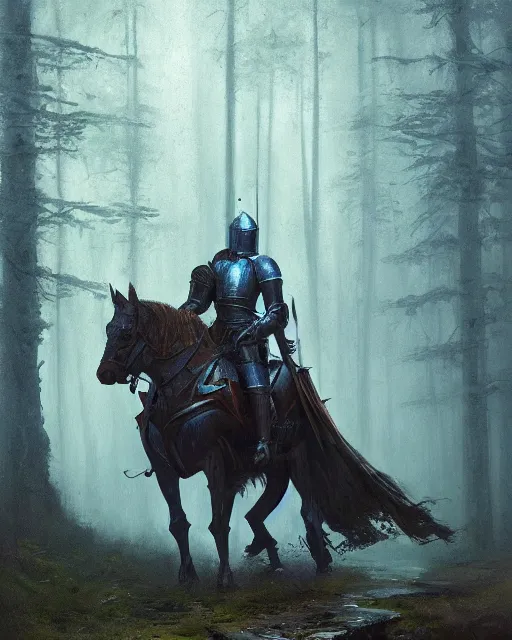 Image similar to Hyper realistic painting of a knight in rusty full plate armor wielding a greatsword, hyper detailed, surrounded by a dark forest, fog, moody, cinematic lighting, dim blue lighting, by greg rutkowski, trending on artstation