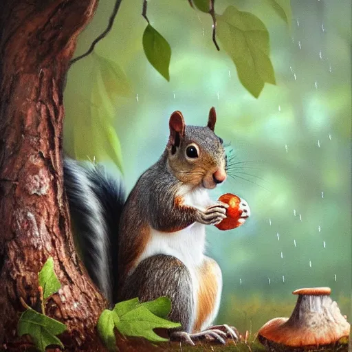 Prompt: a squirrel hiding from the rain under a mushroom, very detailed, artstationhq, trending on artstation, oil painting by alexander roslin, emotional, cute, 4k