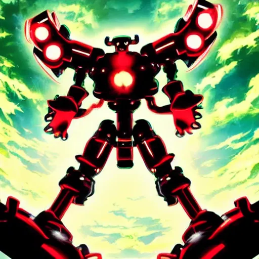 Prompt: an anime styled image of a large, ornate robot. it's painted in blood red and has some emerald green designs along its length. blue lightning bolts shoot out from two of its shoulders.