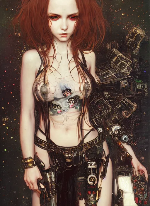 Image similar to portrait of cute beautiful young gothic maiden, cyberpunk, Warhammer, highly detailed, artstation, illustration, art by Gustav Klimt and Range Murata