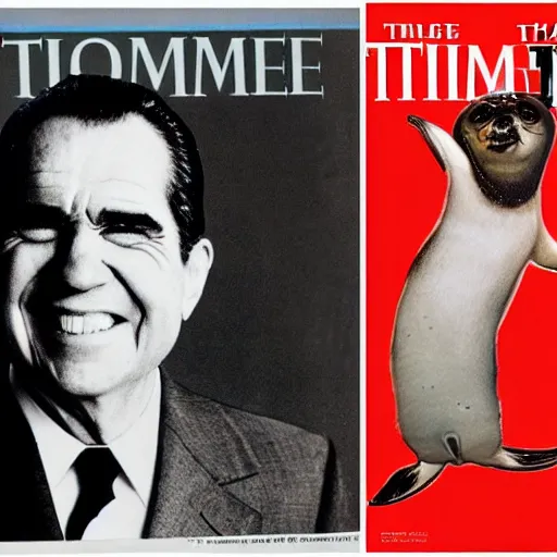 Prompt: Richard Nixon joyfully clubbing seals, photojournalism, cover of time magazine