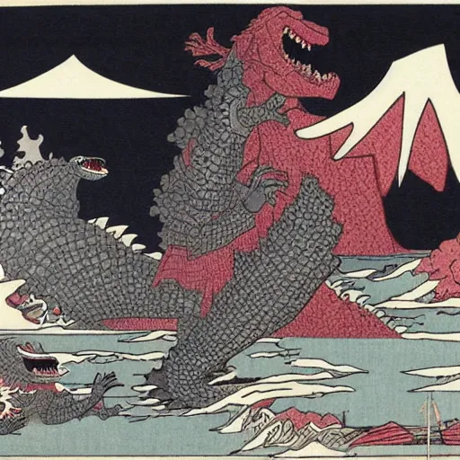 Image similar to Godzilla attacks Tokyo in the style of Hokusai