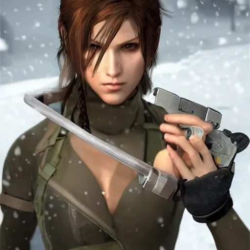 Image similar to quiet from metal gear solid v, caught in a snow blizzard, holding a torch,