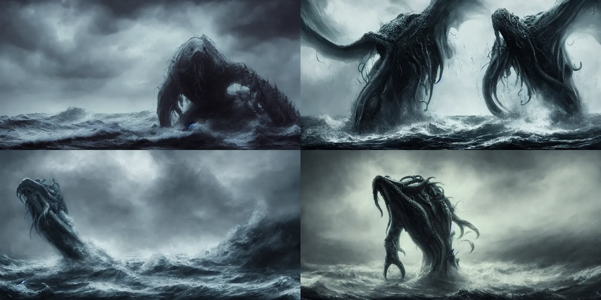 Prompt: epic image of gigantic cthulhu emerging from the ocean, fog, rain, ocean spray and waves, in the style of andree wallin and ben templesmith, dark, dramatic, moody