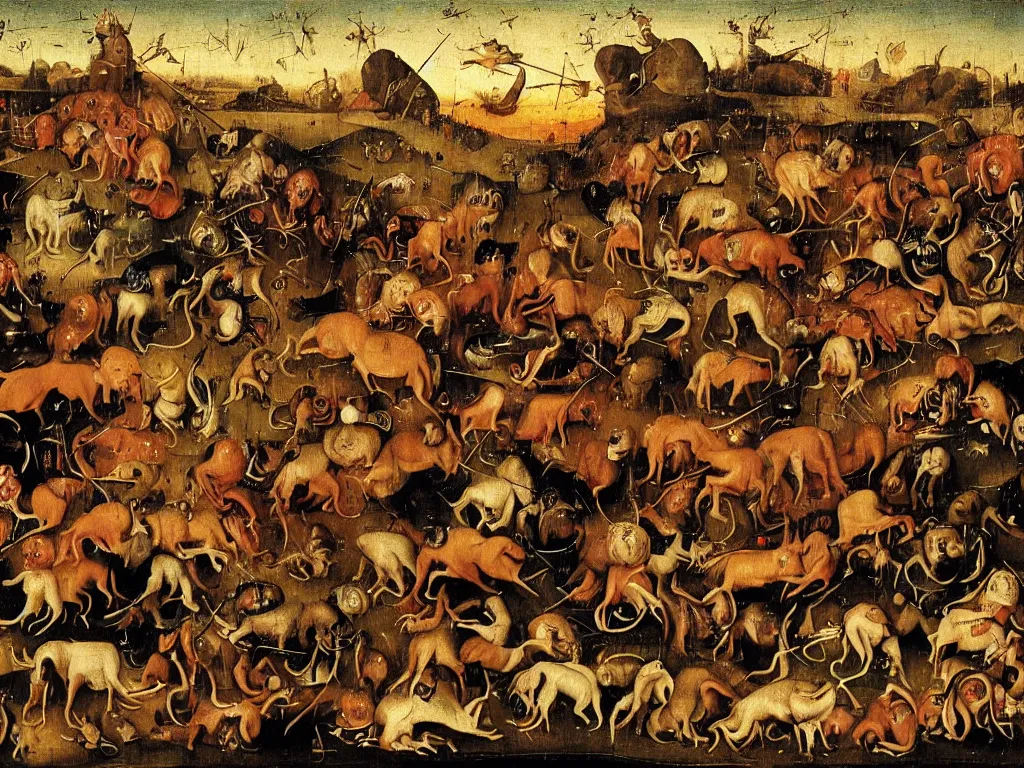 Prompt: dogs in a moshpit at a metal festival jumping and growling at each other, by hieronymus bosch, very wild, cool lighting at sunset, very detailed, concept art