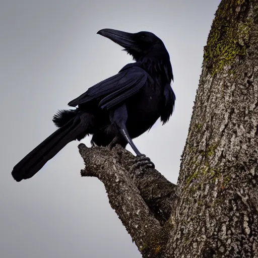 Image similar to A high quality photo of a raven perched on a tree, 4k, detailed, focus on a raven