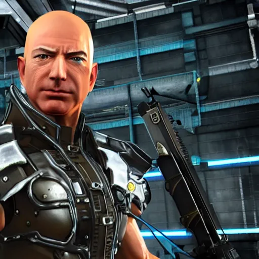 Prompt: A highly detailed screenshot of Jeff Bezos in Metal Gear Rising: Revengeance