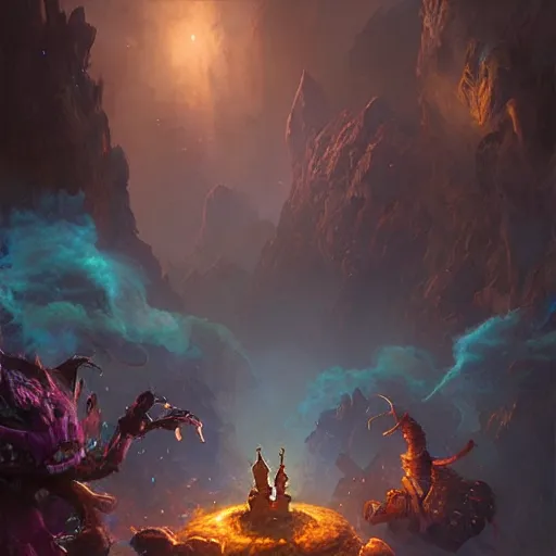 Prompt: a glowing metal rock, magic smoke, small creatures in the background, hearthstone art style, epic fantasy style art by Craig Mullins, fantasy epic digital art, epic fantasy card game art by Greg Rutkowski