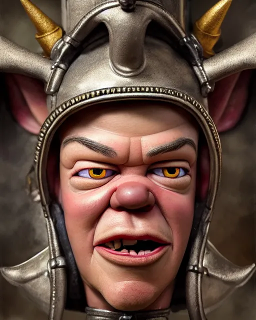 Image similar to highly detailed closeup, face profile portrait of a tin toy matt damon as a medieval demon with horns eating cakes in a castle, hyper realistic, artstation, illustration, nicoletta ceccoli, mark ryden, lostfish, dan decarlo, bob clampett, max fleischer, digital paint, matte paint, vivid colors, detailed and intricate environment