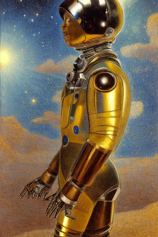 Prompt: portrait of a beautiful chrome gay male robot wearing a space helmet, reflections, mirroring, stars in space, rich clouds, warm azure tones, heavy lensflare, color bleed, film grain, depth of field, jules bastien - lepage, rudolph belarski, johfra bosschart, alexandre cabanel