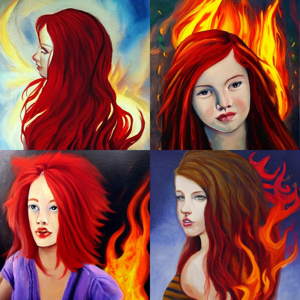 Prompt: a painting of a girl with red hair surrounded by fire