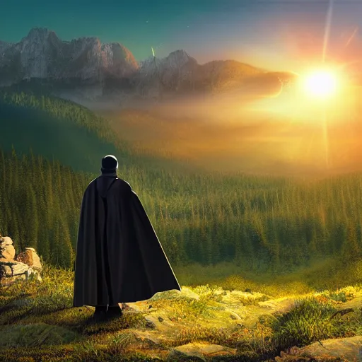 Prompt: man with a cape and holding a lightsaber, on a hill, forest and mountains in background, sunrise, highly detailed, realistic