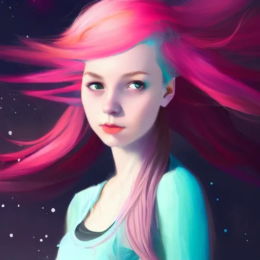 Image similar to colorful and festive captivating teenager girl with pink hair, cyan top crop, black skirt, black leggings, cute look. rich vivid colors, ambient lighting, dynamic lighting, 4 k, atmospheric lighting, painted, intricate, highly detailed by charlie bowater