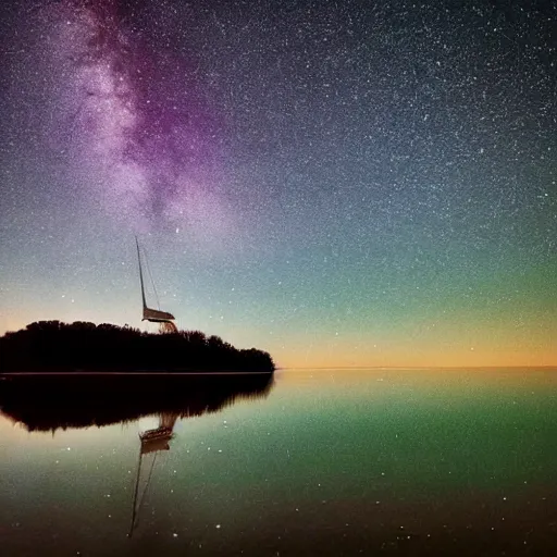 Prompt: small sailboat on a lake under a starry sky