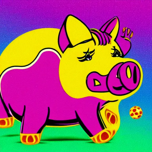 Image similar to lisa frank dashing pig wearing a simple gold throwing a football in the style of Andy J Pizza