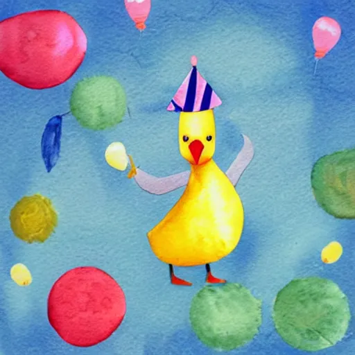 Image similar to watercolor yellow duck with party horn, cute illustration by basia tran