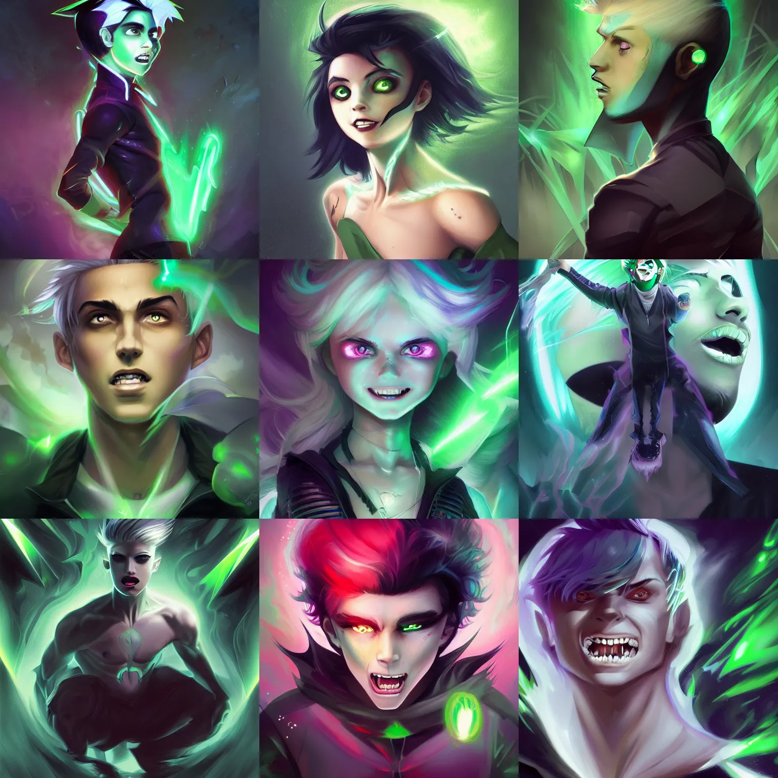 Prompt: Young Danny phantom with glowing green eyes and sharp fangs teeth, alt art, alt fashion, digital matte intricate illustration concept art, by Charlie Bowater and Artgerm and Mark Arian and Ross Tran and WLOP, neon colors, symmetry, greco-roman art, intricate complexity, epic composition, magical atmosphere, highly detailed, photorealistic face, cinematic lighting, masterpiece, trending on artstation + 8k